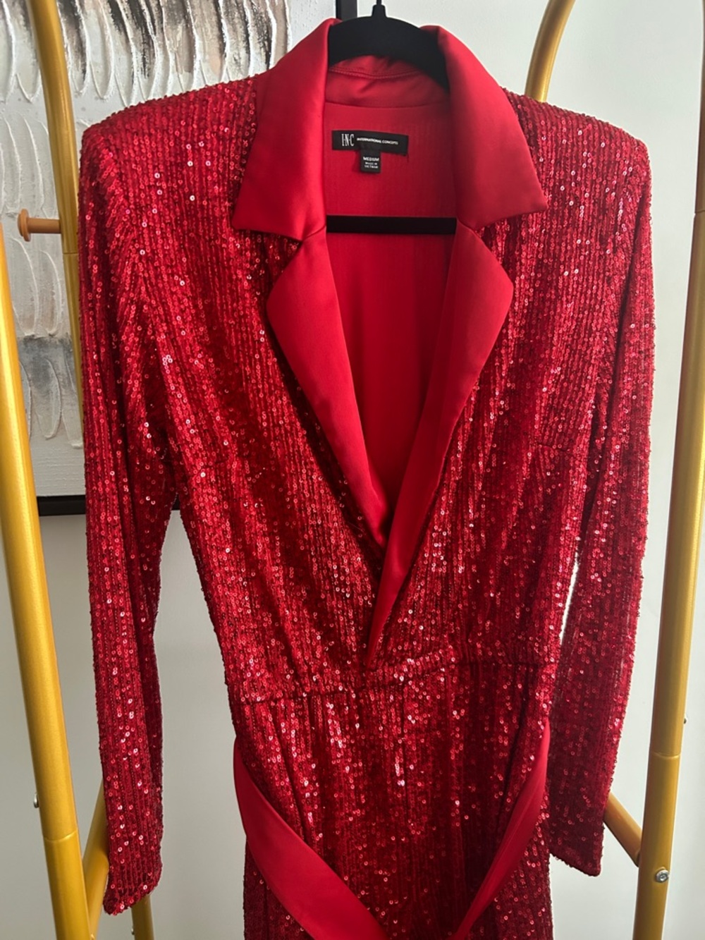 INC International Concepts Red Sequin Jumpsuit with Shawl Collar - Picture 2 of 5